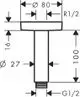 Hansgrohe Deckenanschluss mit einem runden oberen Teil und einem zylindrischen Rohr, ausgestattet mit verschiedenen Durchmessern und Gewinden. Technische Maße sind im Bild dargestellt.